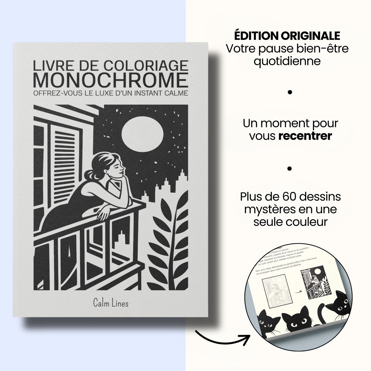 Livre de coloriage monochrome pour le calme intérieur & la réflexion personnelle